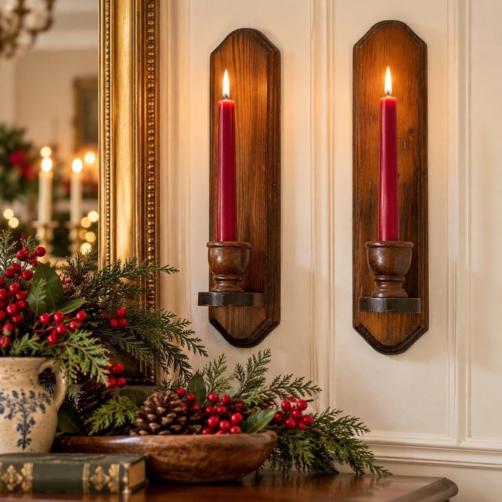 VTG Wood Wall Candle Sconces Pair Colonial Taper Holders Early American Decor